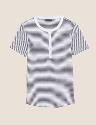 Cotton Rich Striped Ribbed Henley Short Sleeve Top Image 2 of 4