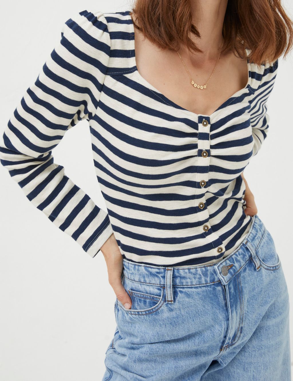 Cotton Rich Striped Ribbed V-Neck Top 4 of 4