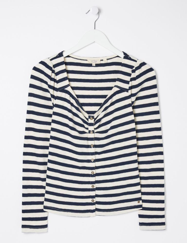 Cotton Rich Striped Ribbed V-Neck Top 2 of 4