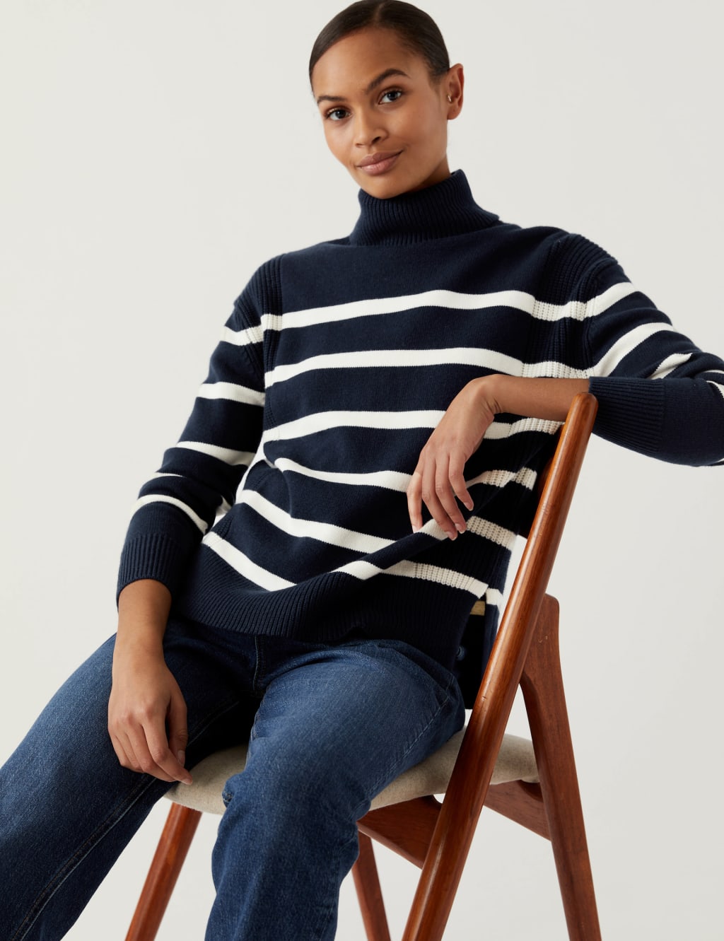 Cotton Rich Striped Roll Neck Jumper 1 of 6