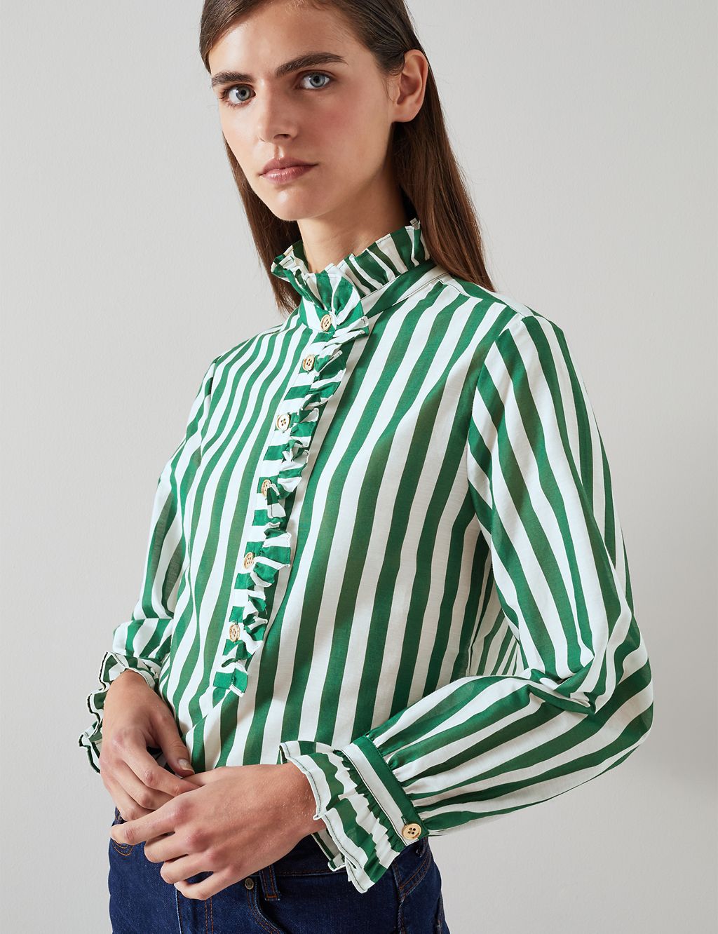 Cotton Rich Striped Ruffle Shirt with Silk 2 of 4
