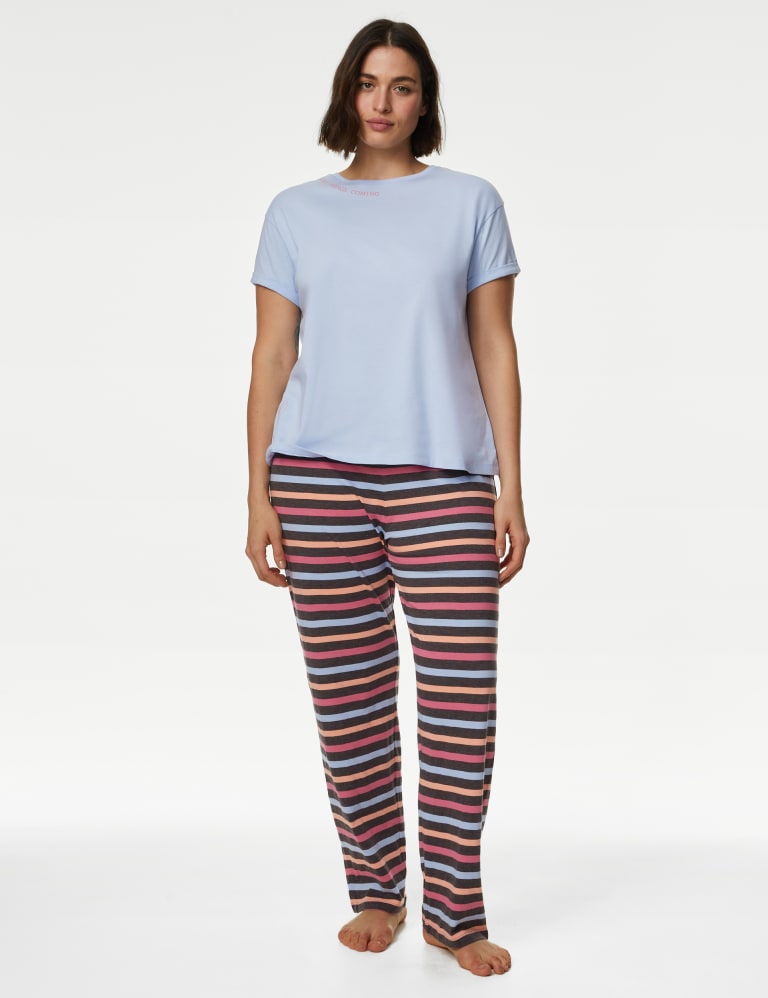 Cotton Rich Striped Slogan Pyjama Set 1 of 7