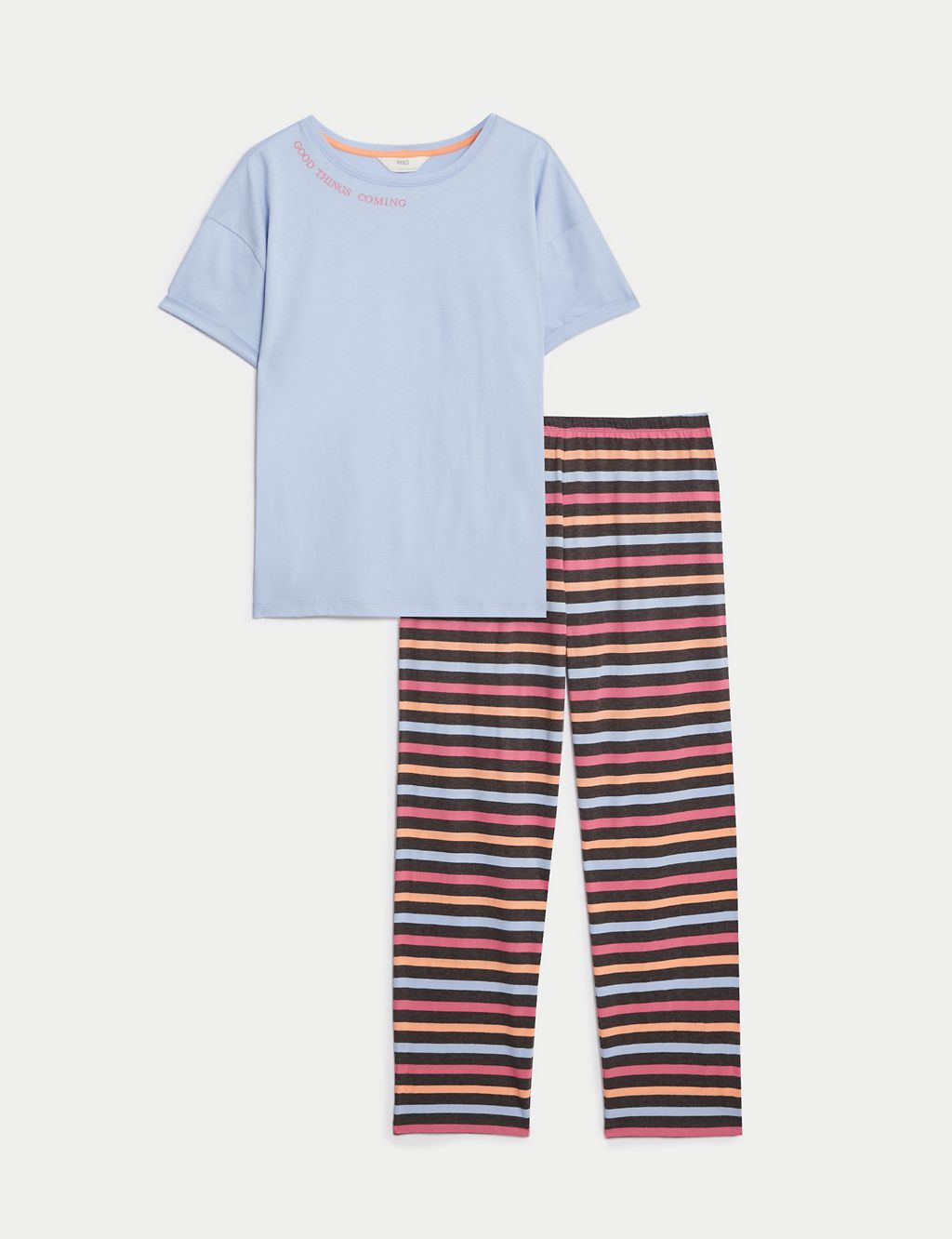 Cotton Rich Striped Slogan Pyjama Set 1 of 7
