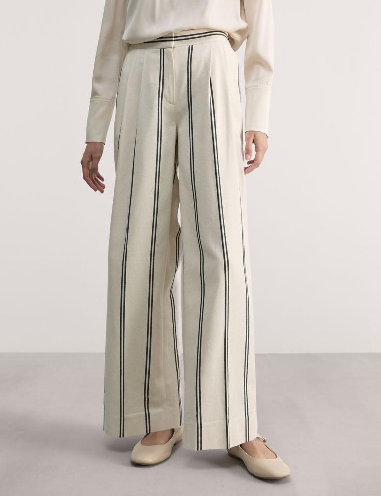 Cotton Rich Striped Wide Leg Trousers 4 of 7