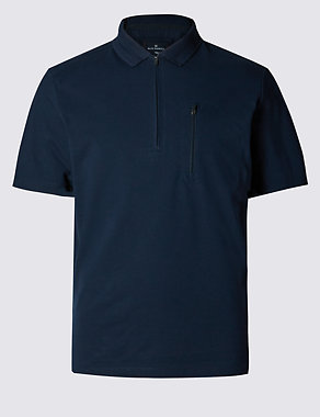 Cotton Rich Tailored Fit Half Zipped Polo Shirt Image 2 of 4