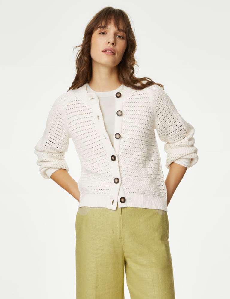 Cotton Rich Textured Crew Neck Cardigan 4 of 6