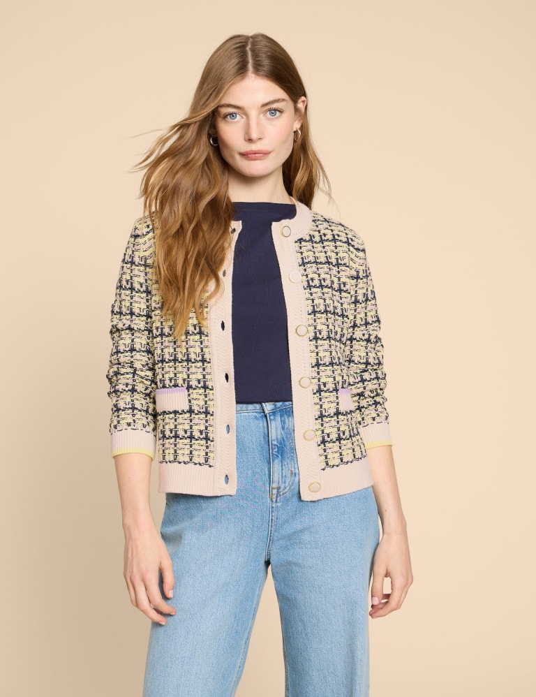 Cotton Rich Textured Crew Neck Cardigan White Stuff M S
