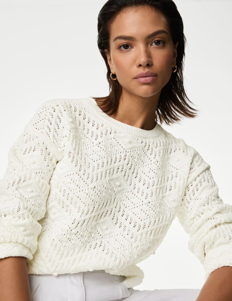 Cotton Rich Textured Crew Neck Jumper 1 of 6