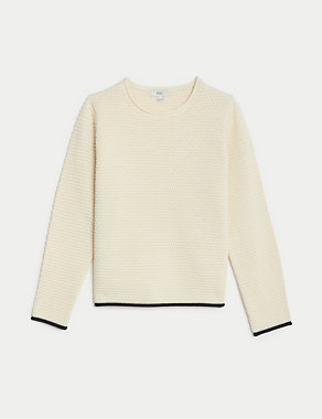 Cotton Rich Textured Crew Neck Tipped Jumper Image 2 of 6