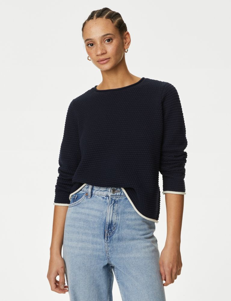 Cotton Rich Textured Crew Neck Tipped Jumper 4 of 6