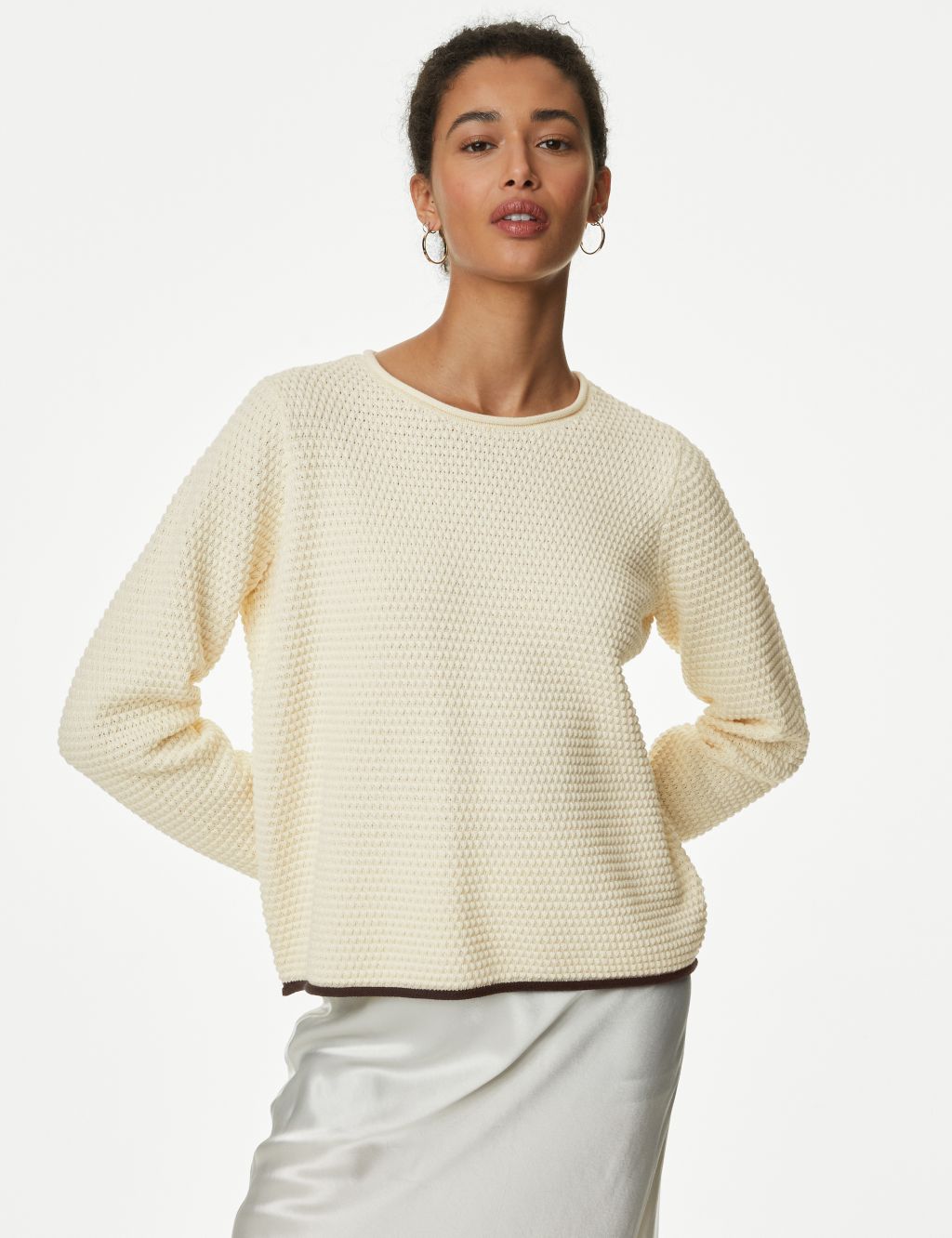 Cotton Rich Textured Crew Neck Tipped Jumper 2 of 6