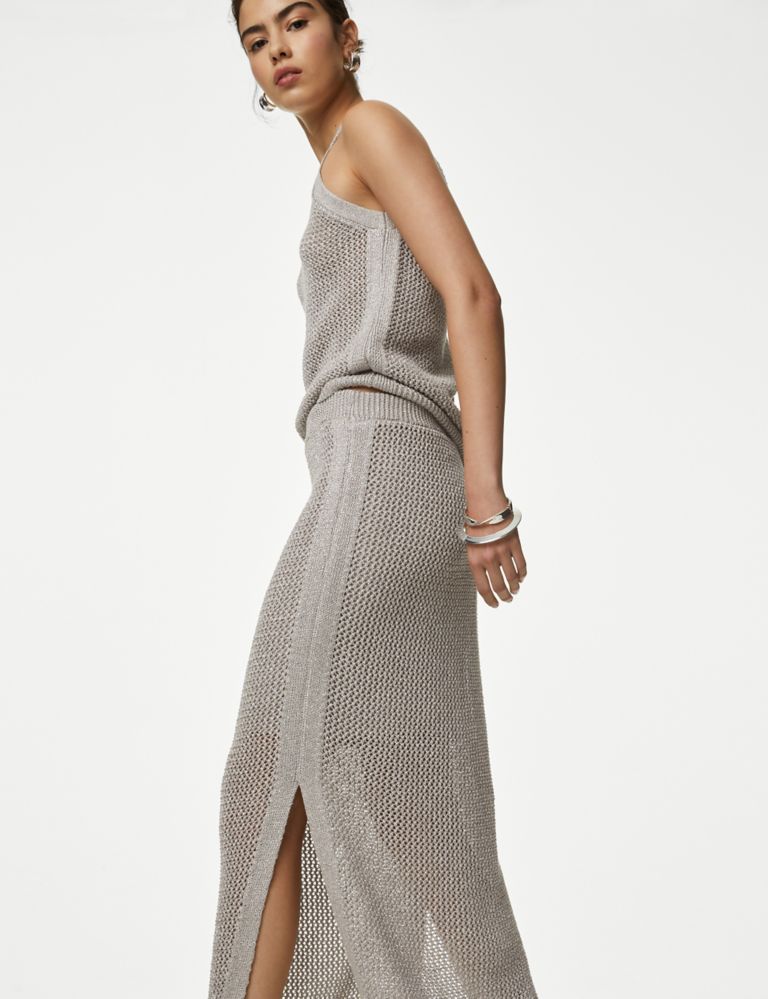 Cotton Rich Textured Knitted Midi Skirt 4 of 7