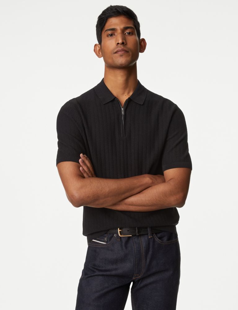 Cotton Rich Textured Knitted Polo Shirt, M&S Collection