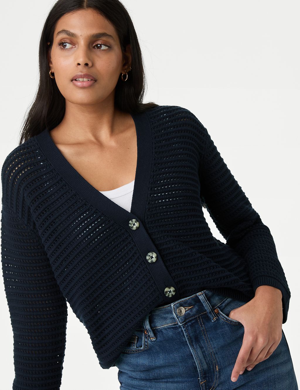 Cotton Rich Textured V-Neck Cardigan 2 of 6