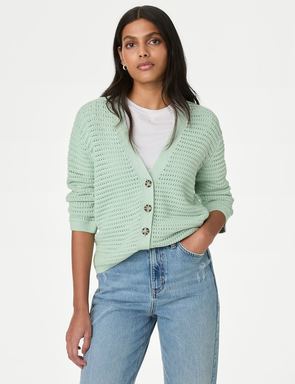 Cotton Rich Textured V-Neck Cardigan 4 of 6