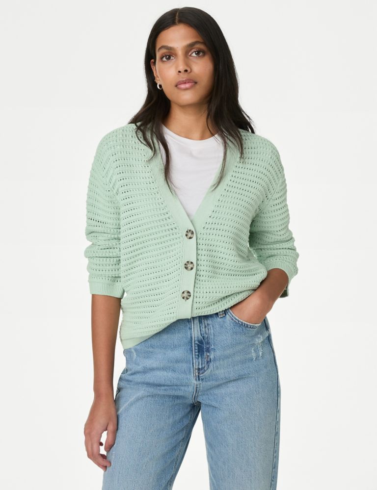 Cotton Rich Textured V-Neck Cardigan 4 of 6