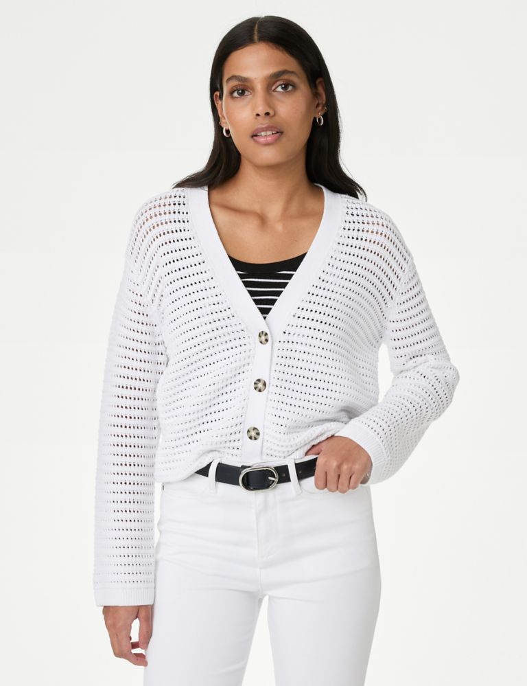 Cotton Rich Textured V-Neck Cardigan 3 of 6