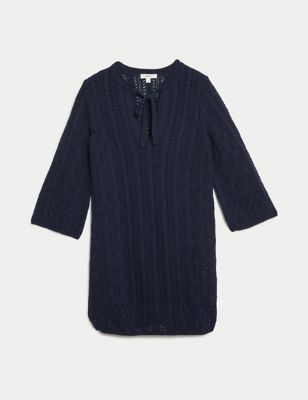 Cotton Rich Textured V-Neck Knitted Dress Image 2 of 6