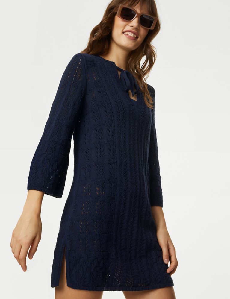 Cotton Rich Textured V-Neck Knitted Dress 4 of 6