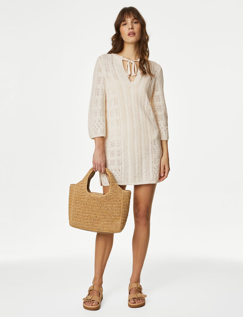 Cotton Rich Textured V-Neck Knitted Dress 2 of 5