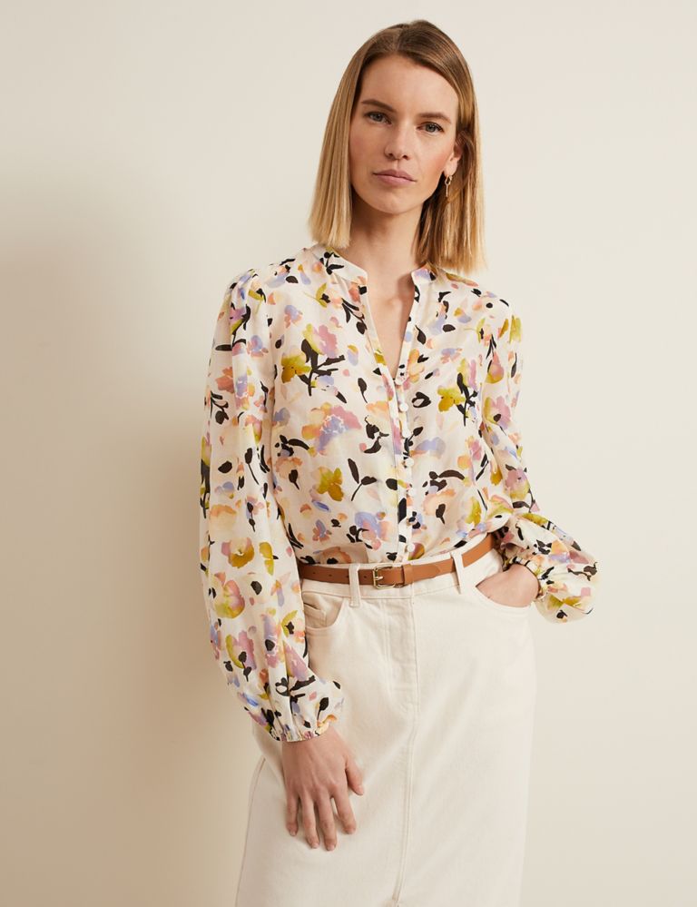 Cotton Rich V-Neck Floral Blouse with Silk 1 of 6