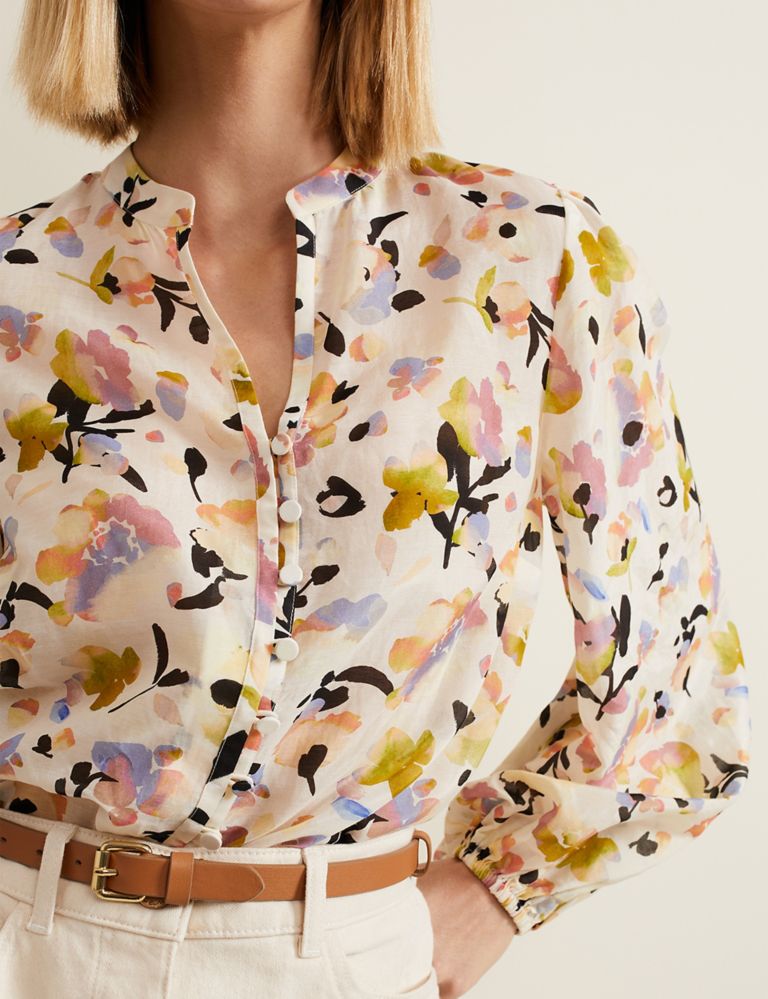 Cotton Rich V-Neck Floral Blouse with Silk 5 of 6
