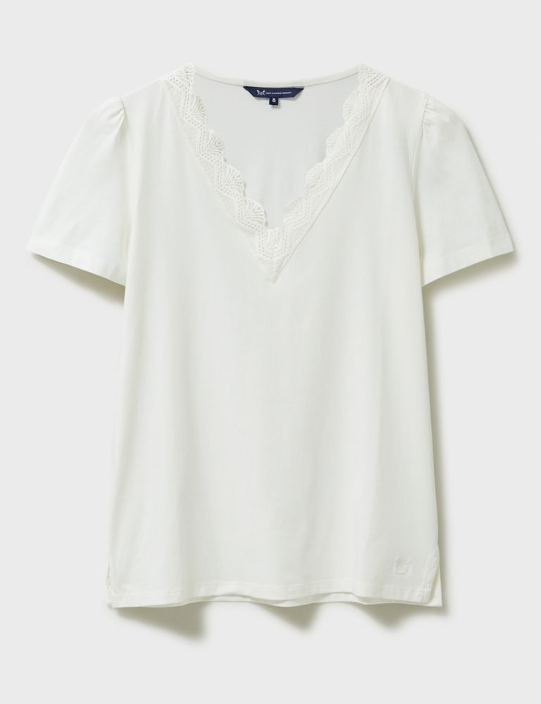 Cotton Rich V-Neck Lace Detail T-Shirt 2 of 5