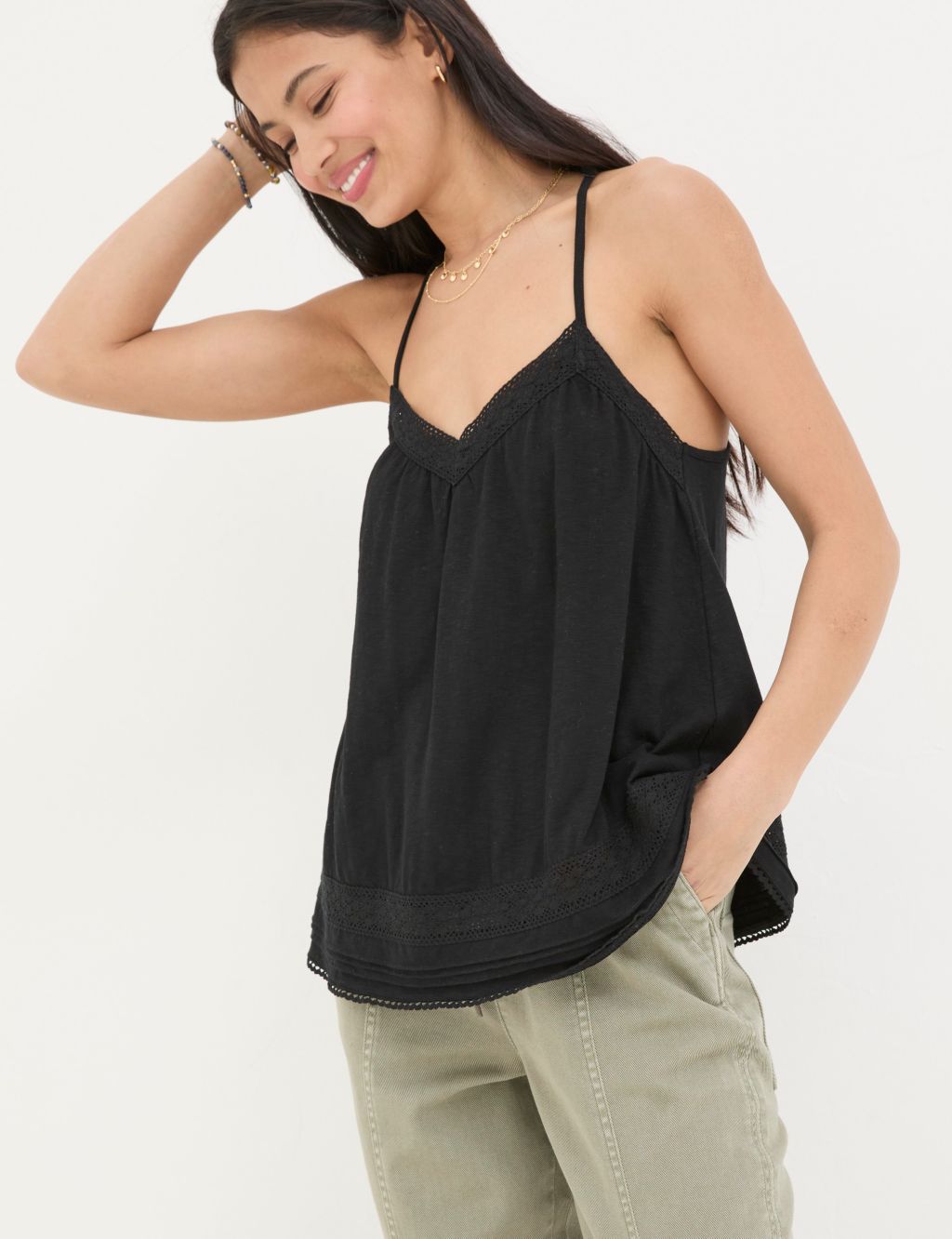 Cotton Rich V-Neck Lace Insert Cami Top 3 of 4