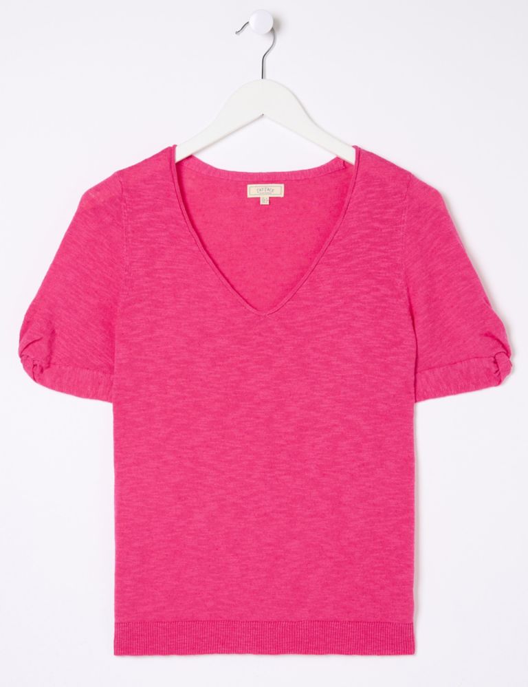 Cotton Rich V-Neck Puff Sleeve Knitted Top 2 of 4