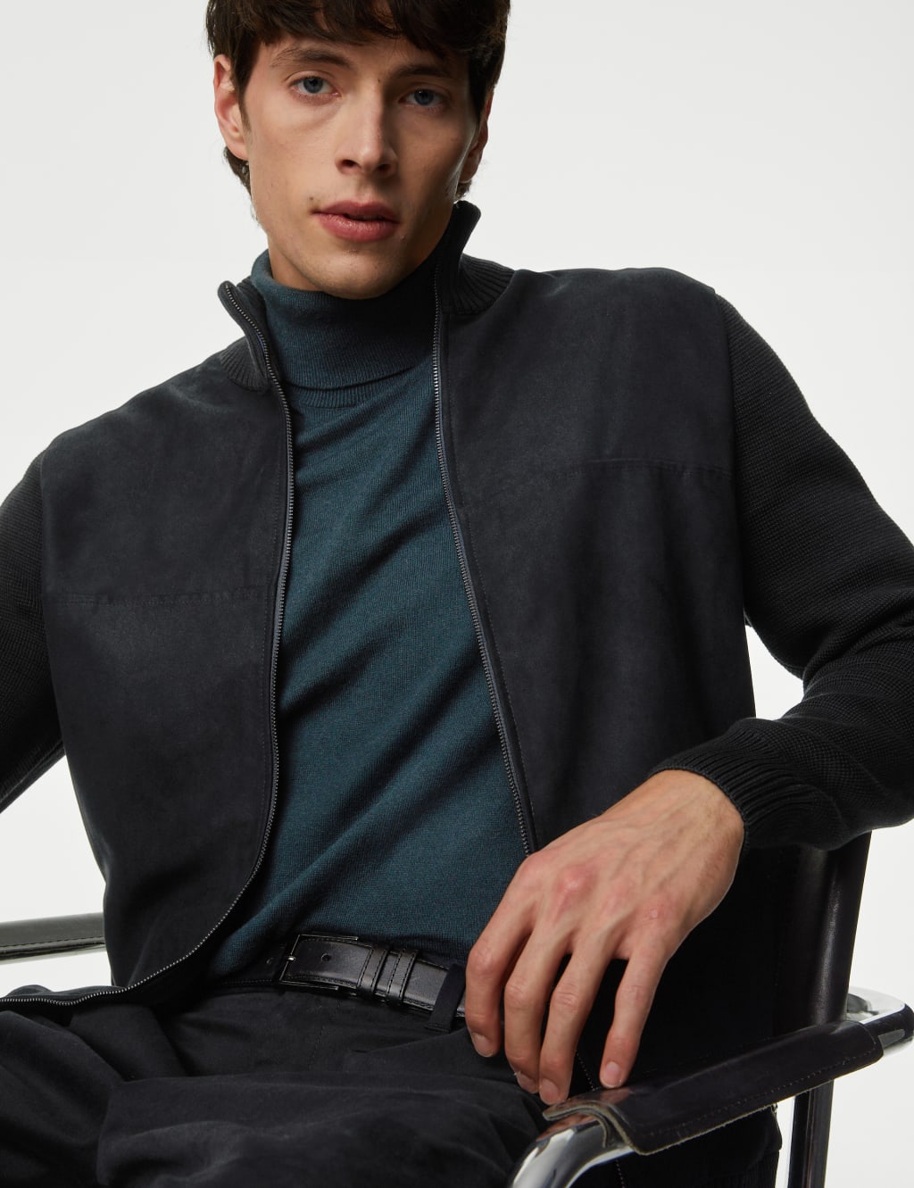 Giacca Uomo Marks & Spencer Autograph - Cotone Ricco Con Zip, Collo A Imbuto, Tasche, Blu (S-3XL) - Foto 5