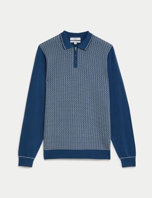 Cotton Rich Zip Up Knitted Polo Shirt Image 2 of 6