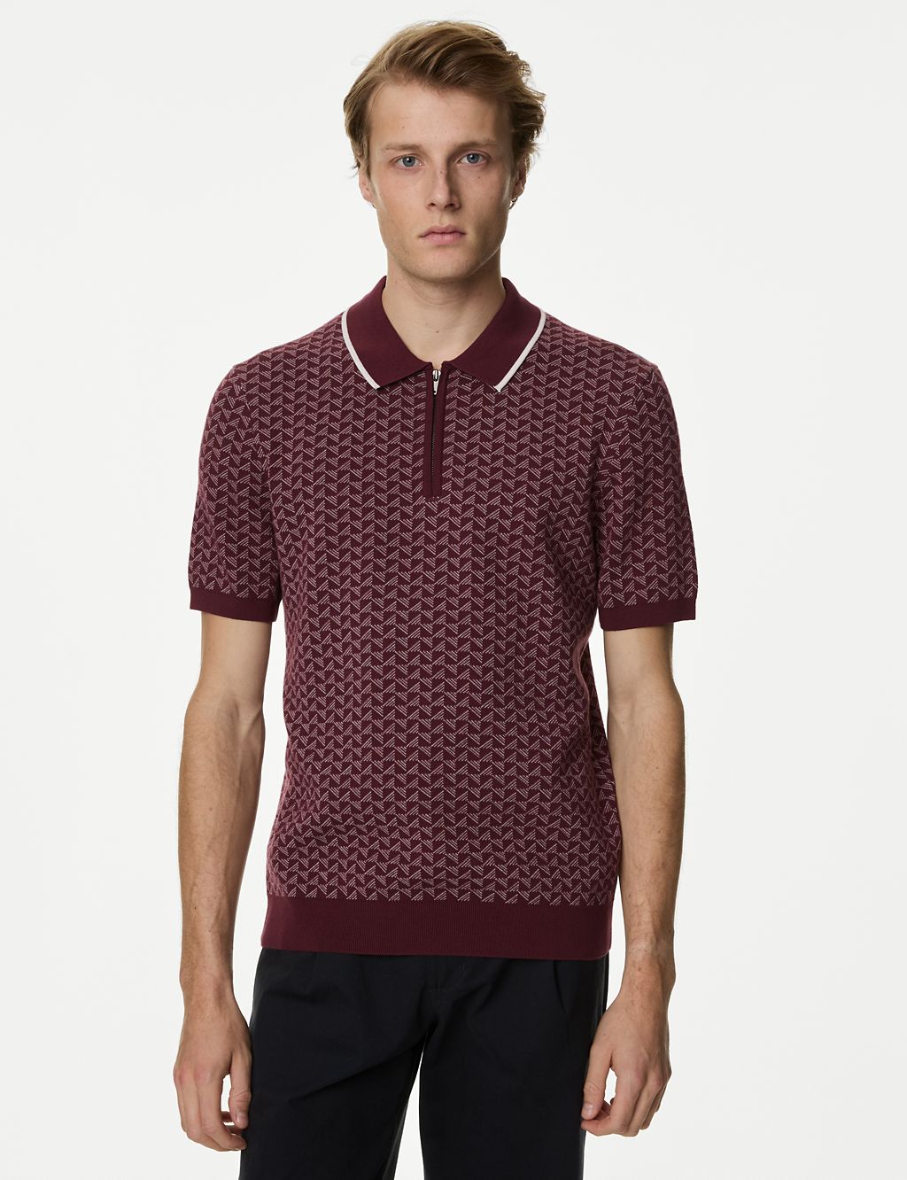 Cotton Rich Zip Up Knitted Polo Shirt 3 of 5