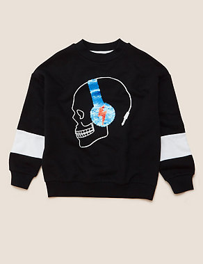Cotton Sequin Headphones Skull Sweatshirt (6-16 Yrs) | M&S