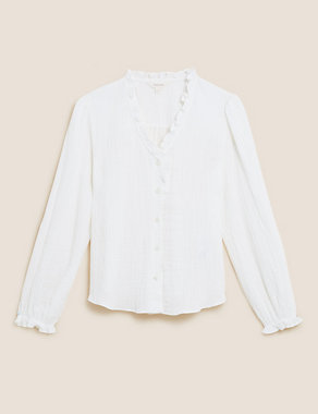 Cotton Textured V-Neck Frill Detail Blouse Image 2 of 5