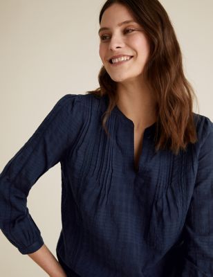 Cotton V-Neck Pintuck Long Sleeve Blouse, M&S Collection