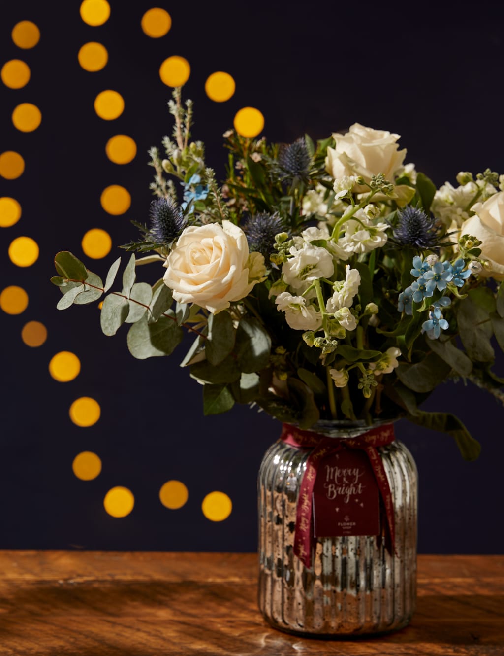 Cream Rose & Blue Eryngium Bouquet in Vase M&S