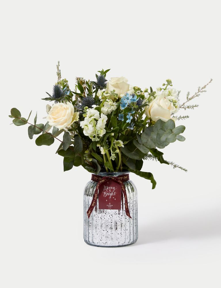 Cream Rose & Blue Eryngium Bouquet in Vase 3 of 5