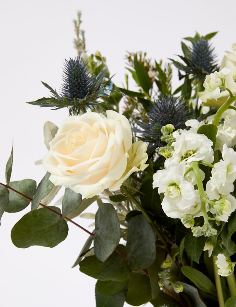 Cream Rose & Blue Eryngium Bouquet in Vase 4 of 5