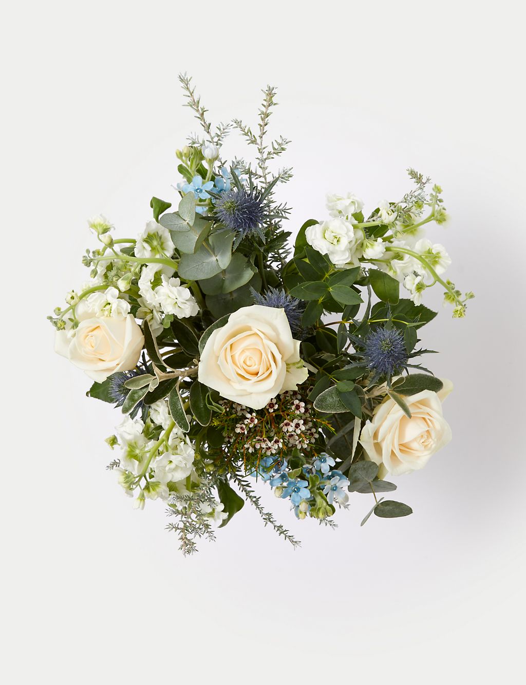 Cream Rose & Blue Eryngium Bouquet in Vase 1 of 5