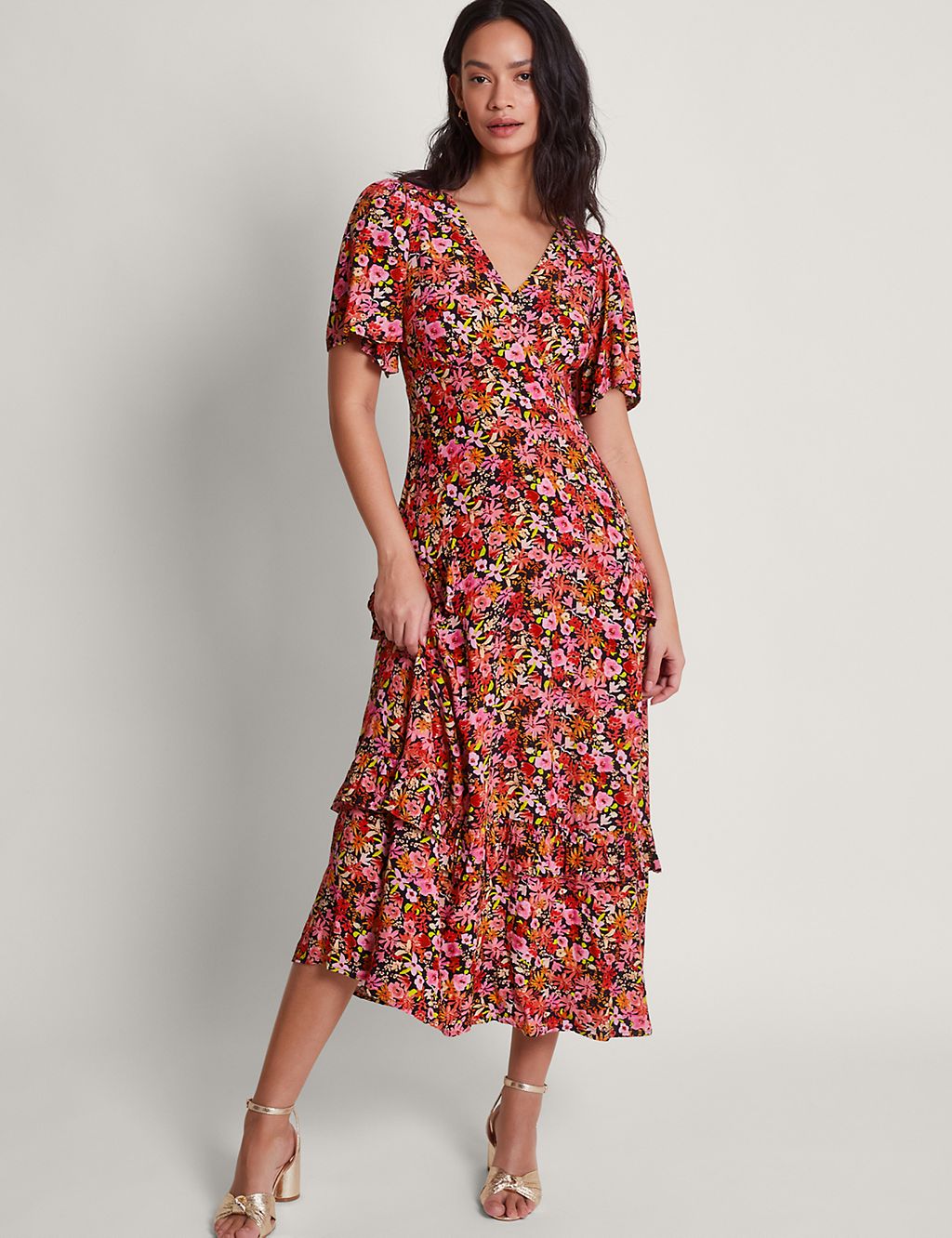 Crepe Ditsy Floral V-Neck Midi Tiered Dress 3 of 5