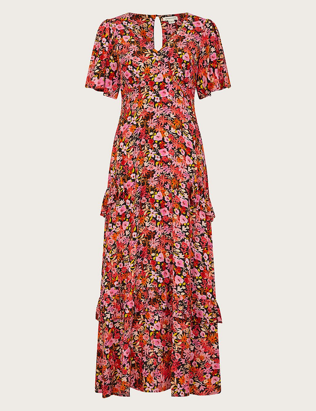 Crepe Ditsy Floral V-Neck Midi Tiered Dress 1 of 5