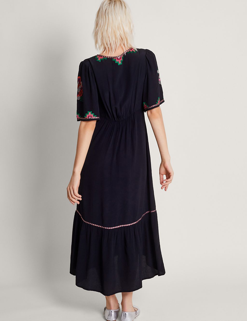 Crepe Embroidered V-Neck Midi Tea Dress 2 of 5
