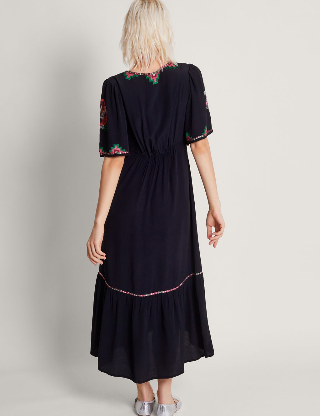 Crepe Embroidered V-Neck Midi Tea Dress 2 of 5
