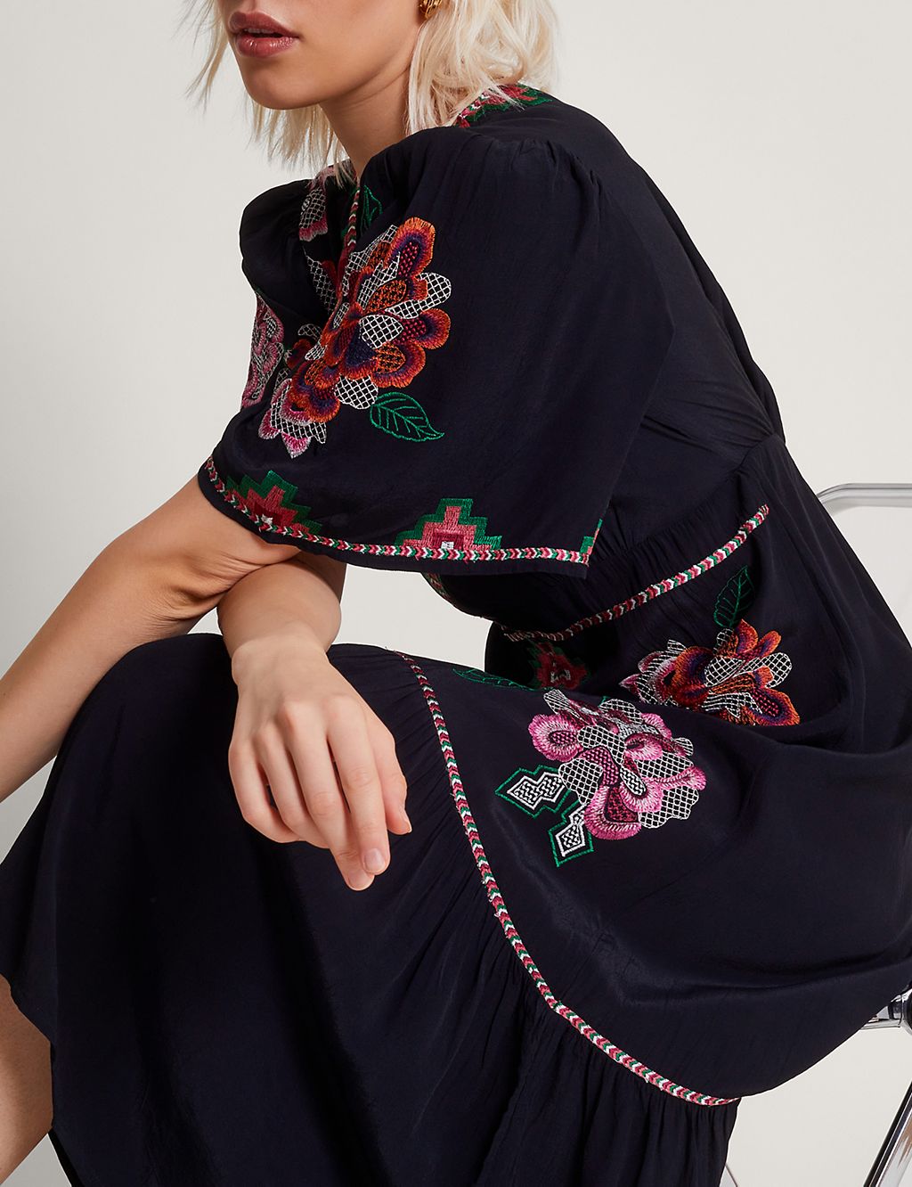 Crepe Embroidered V-Neck Midi Tea Dress 4 of 5