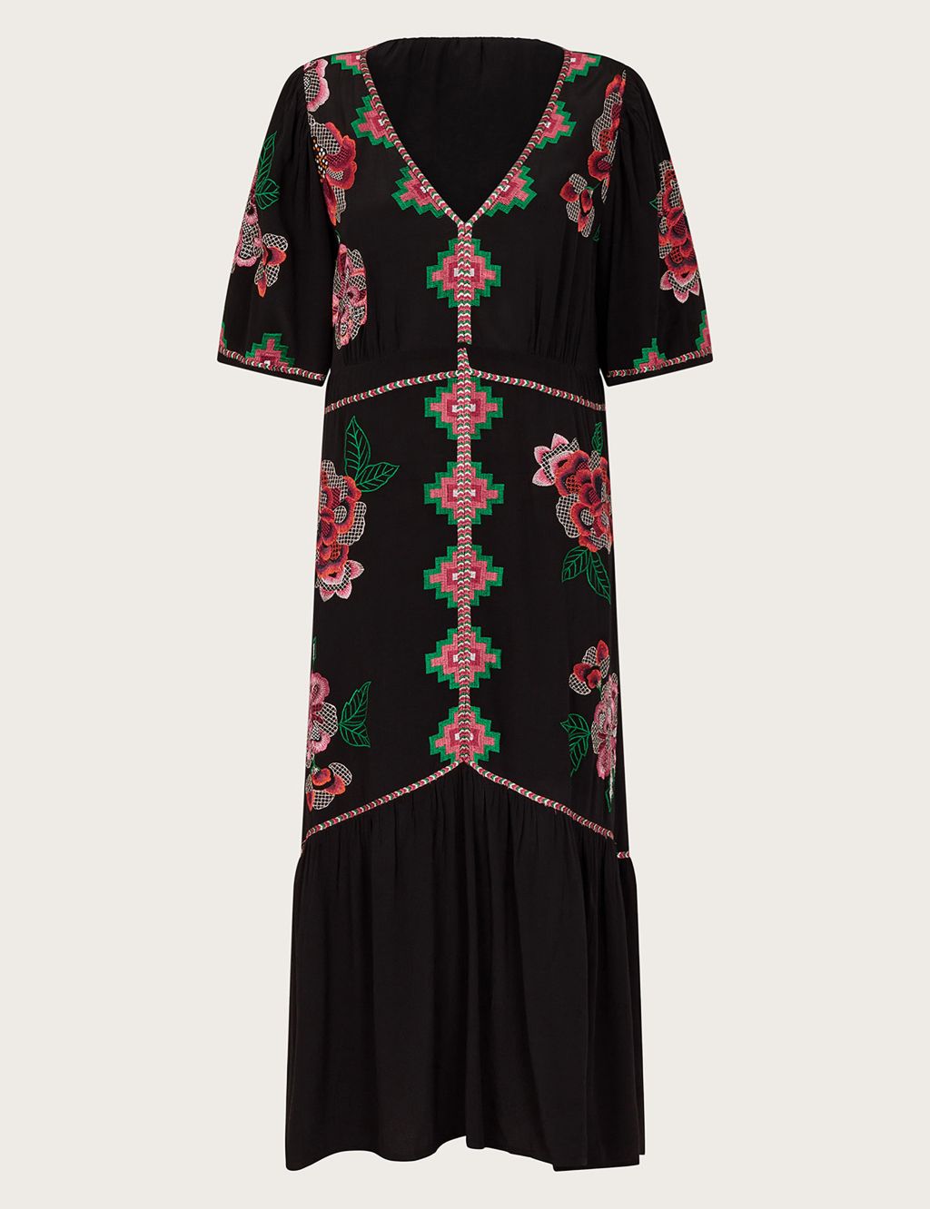 Crepe Embroidered V-Neck Midi Tea Dress 1 of 5