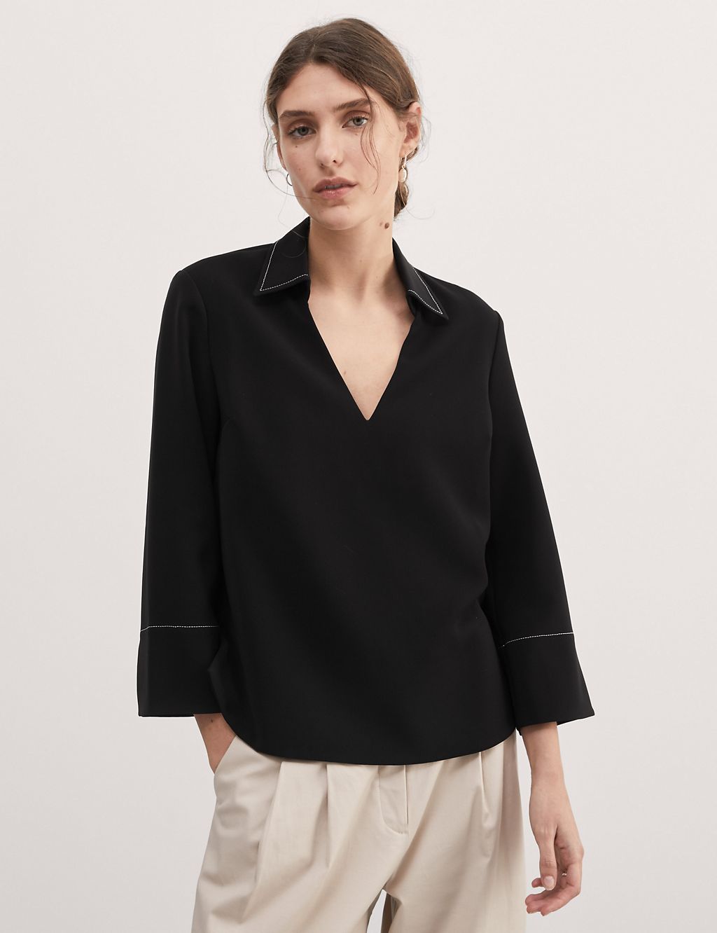 Crepe V-Neck Collared Blouse 4 of 6