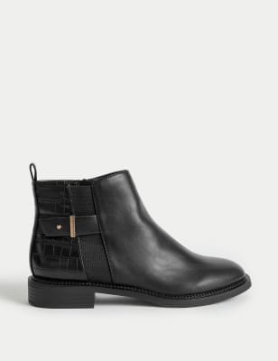 Wide Fit Leather Buckle Ruched Ankle Boots