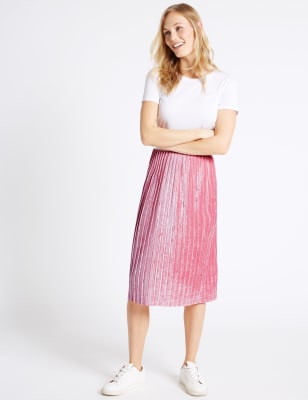 pink velvet pleated midi skirt