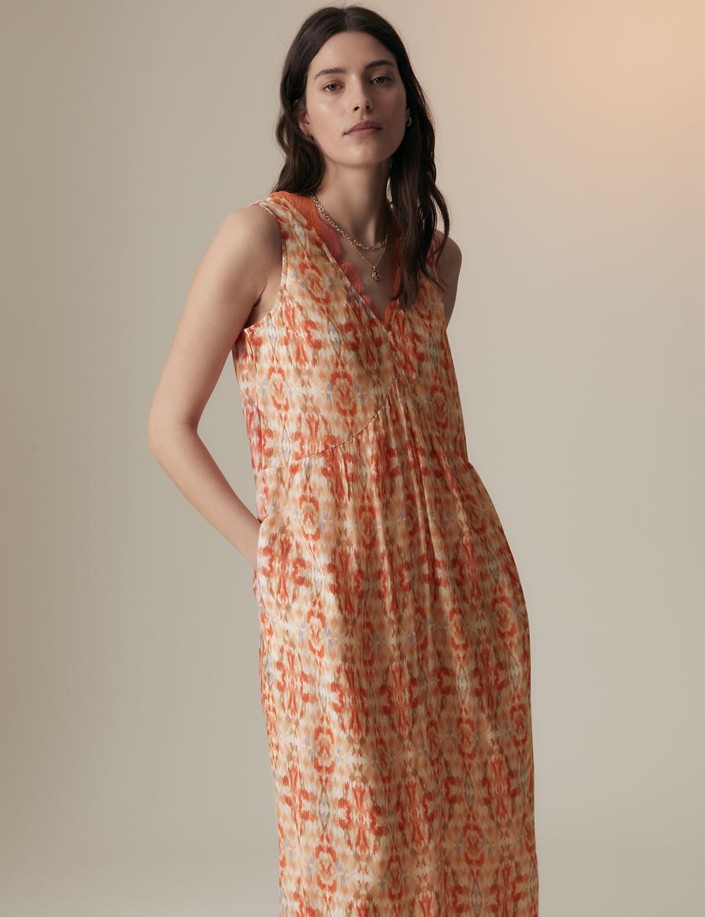 Cupro Blend Printed V-Neck Tea Midi Dress 2 of 4