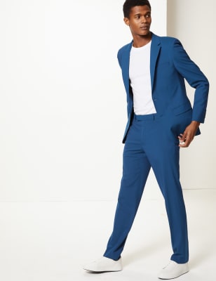 Costume bleu coupe cintr&eacute;e en tissu extensible